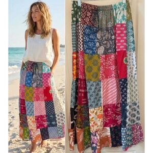 Boho Patchwork Maxi Skirt Block Print Made in India One Size 23" Elastic Waist